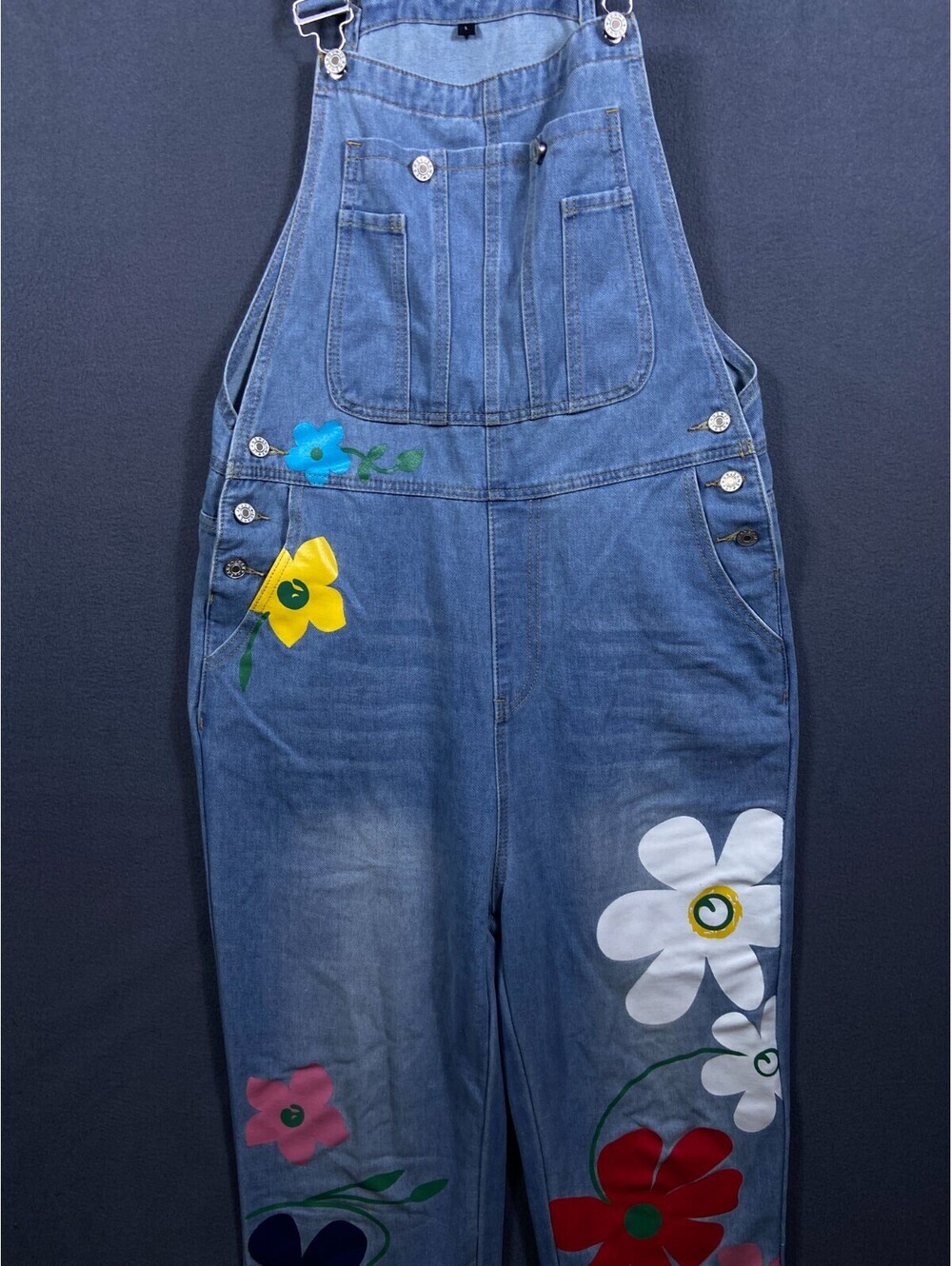Women’s Retro Floral Denum Blue Painted Bib Overalls L Hippie Boho Y2k Kidcore